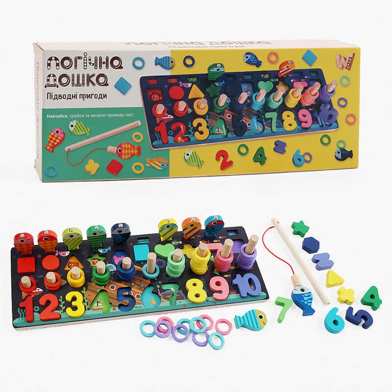 Дошка логічна 11825 (40) "WToys", дерев'яна, 10 кольорових рибок, магнітна риболовля, цифри та фігури,  кілочки, в коробці