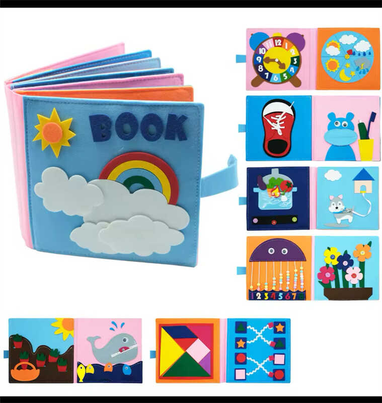 М'яка книжка-бізіборд C 70904 (32) фетр, годинник, шнурівка, рухомі намистини, елементи на липучках, в пакеті