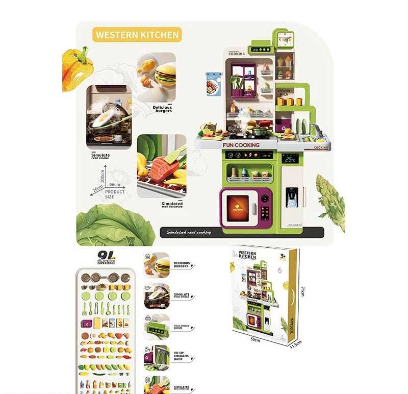 Кухня 938 A (5) 91 елемент, звук смаження та варіння, помповий механізм подачі води, парогенерація, посуд, їжа, аксесуари, мікрохвильова піч, підсвічування, музична панель, в коробці