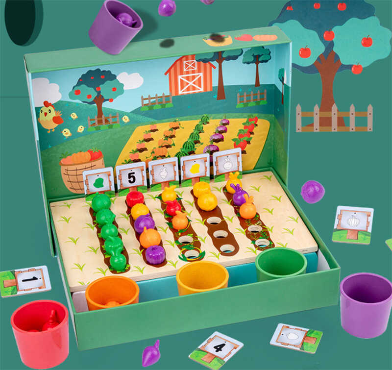 Логічна гра C 72529 (22) дерев’яна основа, 5 чаш для сортування, 25 гумових овочів, 10 двосторонніх карток із завданнями