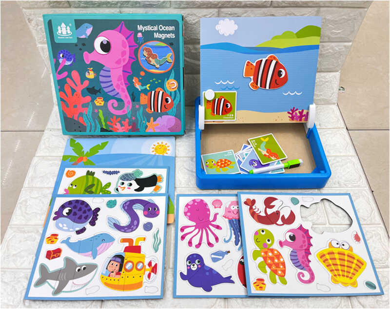 Магнітні пазли C 52501 (28) "Морські мешканці", дерев’яна дошка, маркер, картки, магніт, назви англійською мовою, в коробці