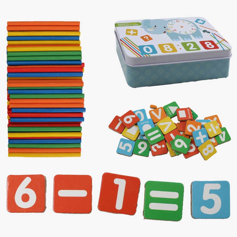 Логічна гра C 73827 (120) дерев`яні магніти, цифри, математичні позначки, палички, кольори, в боксі