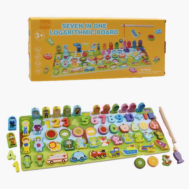 Логічна дошка C 74257 (32) дерев’яна, магнітна риболовля, цифри, транспорт, тварини, фрукти, фігурки людей, написи англ. мовою, в коробці