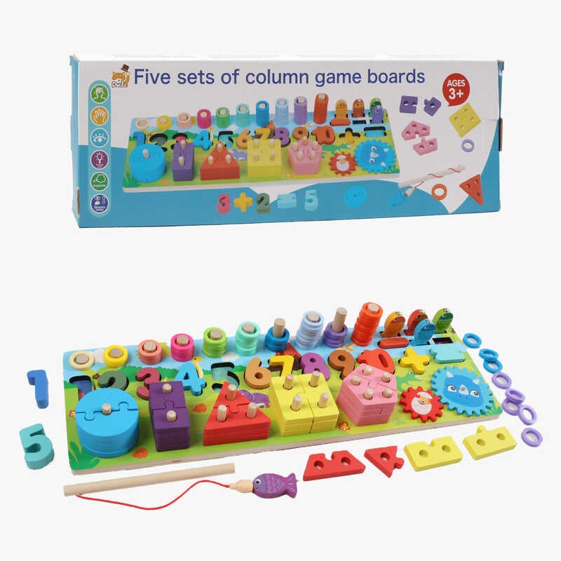 Логічна дошка C 74258 (30) дерев`яна, магнітна риболовля, шестерні,  кілочки, цифри, кільця, форми, сортер, в коробці