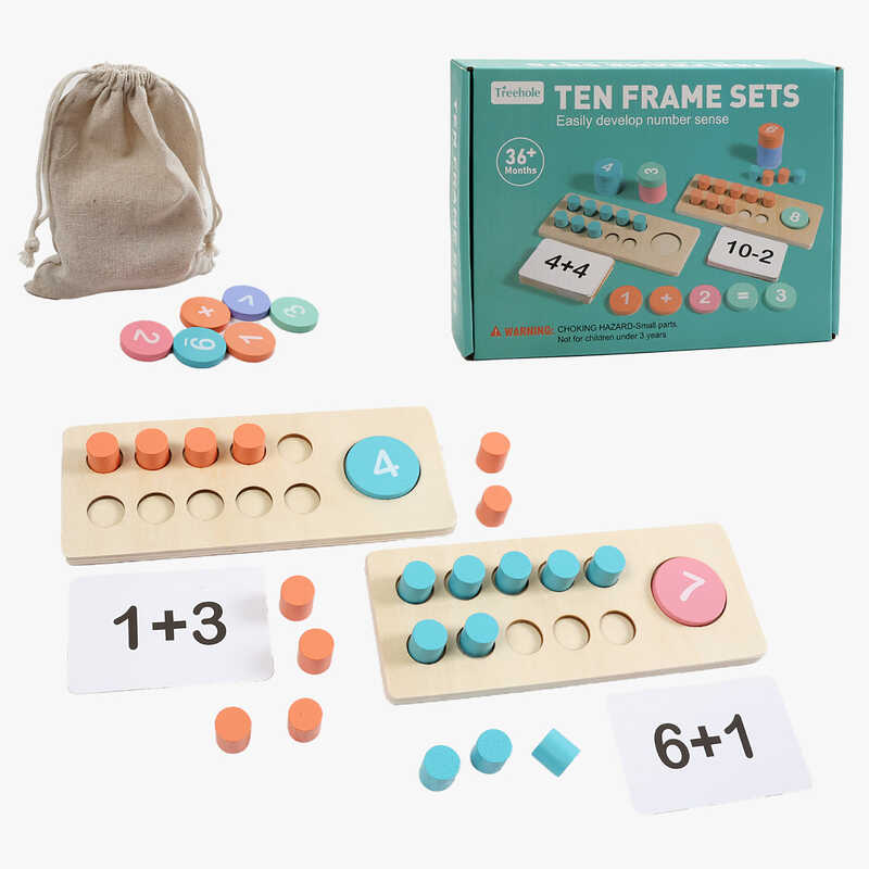 Математична гра C 74261 (40) дерев’яна, 2 основи, цифри, арифметичні знаки, картки з прикладами, дерев’яні циліндри, мішечок, в коробці