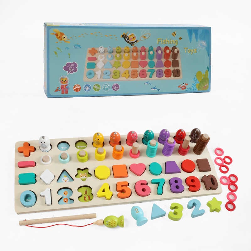 Логічна дошка C 74284 (28) дерев’яна, цифри, геометричні форми, магнітна риболовля, гра з кілочками, в коробці