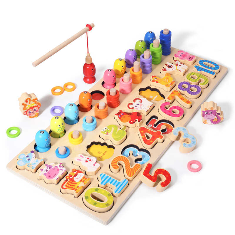 Дошка логічна С 74628 (18) дерев’яна, гра з кілочками, назви англ. мовою, магнітна риболовля, вкладиші, цифри, тваринки, кольорові кільця, сортер, в коробці