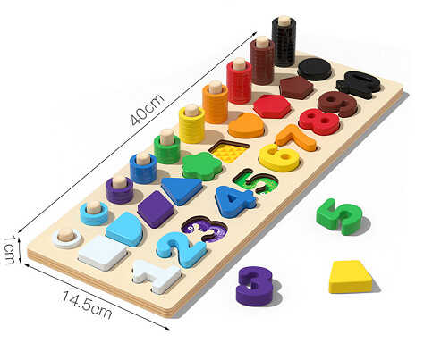 Дошка логічна С 74625 (24) дерев’яна, гра з кілочками, вкладиші, цифри, фігурки, кольорові кільця, сортер, в коробці