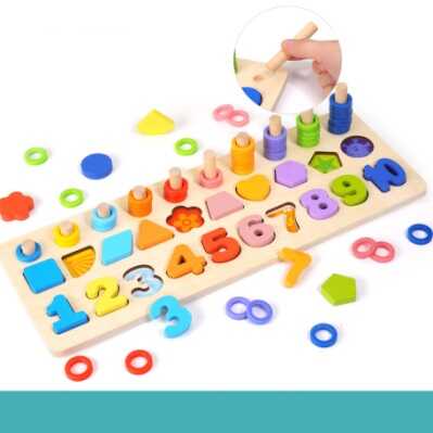 Дошка логічна С 74624 (36) дерев'яна, сортер, дерев'яні кілочки, кольорові кільця, цифри, фігури, в коробці