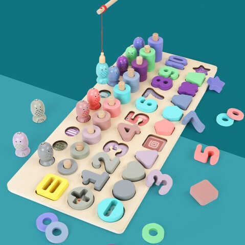 Дошка логічна С 74621 (24) дерев'яна, магнітна риболовля, сортер, дерев'яні кілочки, кольорові кільця, цифри, фігури, в коробці