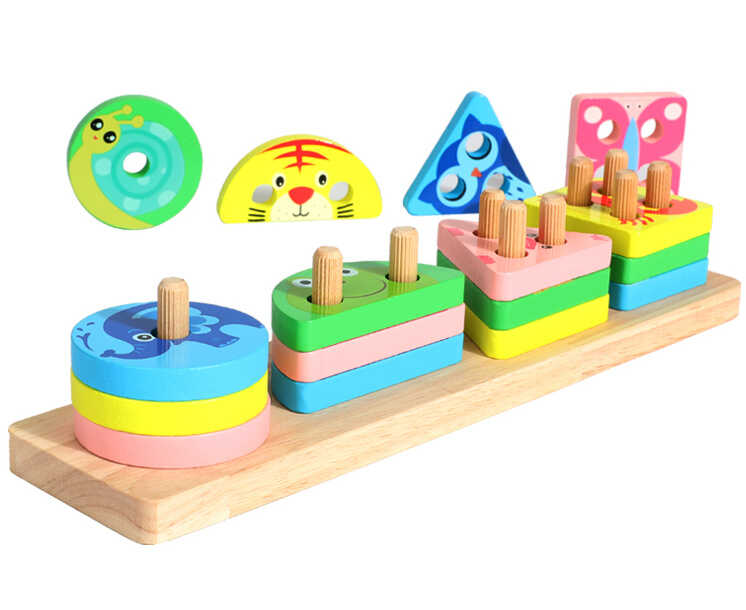 Логічна гра 74388 (80) дерев’яна, розмір -  26х6.5х5.5 см, геометричні фігури, кольори, тваринки, комахи, в коробці 