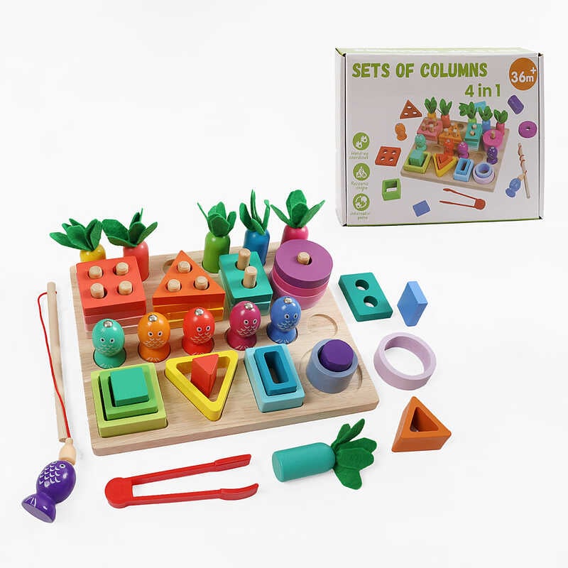 Логічна дошка C 74314 (24)  дерев`яна, магнітна риболовля, кілочки, сортер за кольорами та формами, щипці, морквини, в коробці