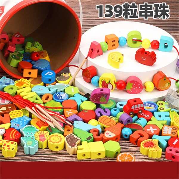 Дерев’яна шнурівка С 74443 (18) 10 шнурків з дерев’яним краєм, абетка, тварини, транспорт, у відрі