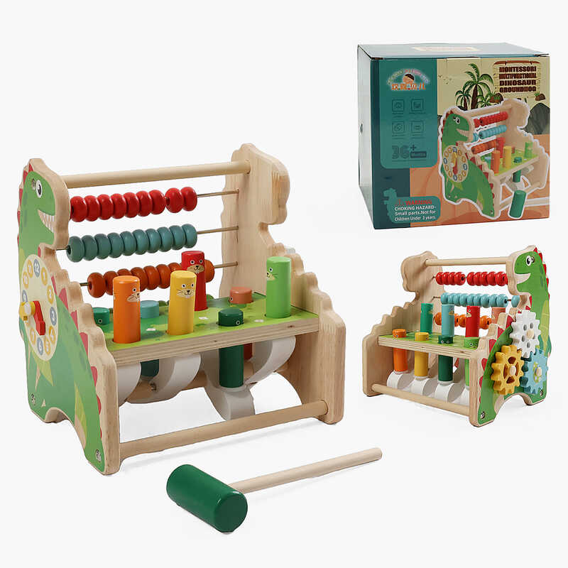 Дерев’яна гра F 43604 (18) 20х16х20 см, стукалка, дерев’яний молоточок, шестерінки, рахівниця, годинник з рухомими стрілками, в коробці