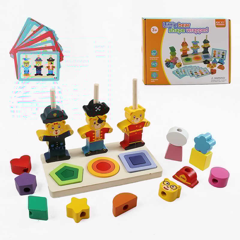 Логічна гра F 43617 (48) дерев`яна, картки із завданнями, кілочки, сортер за формами та кольорами, тваринки, фігурки, в коробці