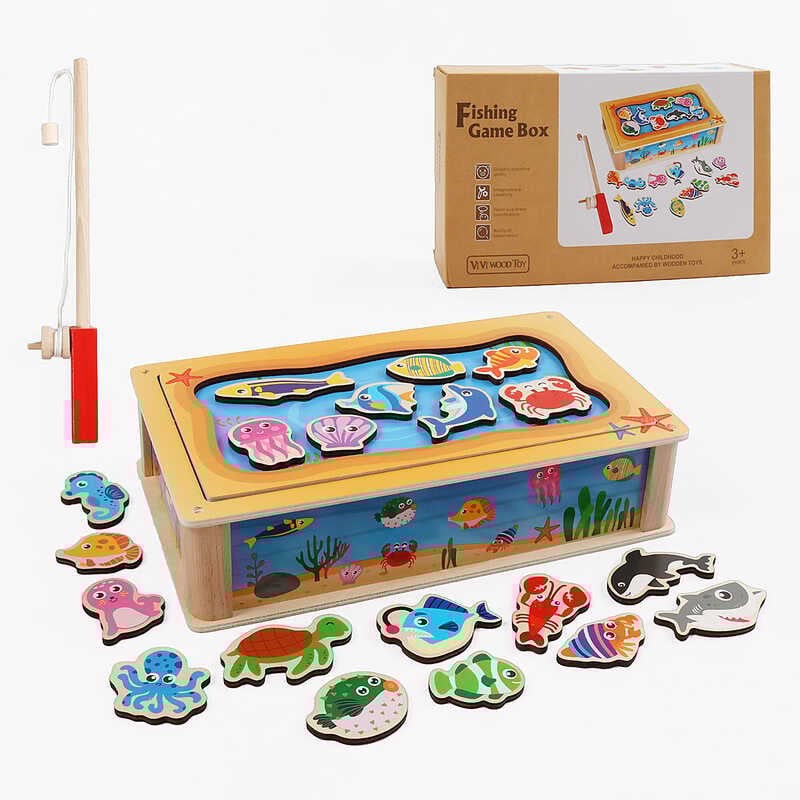 Дерев’яна магнітна риболовля F 43626 (36) розмір боксу - 30х18х7 см, 20 фігурок морських мешканців, вудочка, в коробці