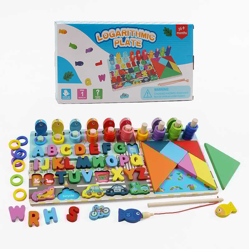 Логічна дошка F 43632 (42) дерев`яна, магнітна риболовля, алфавіт англійською мовою, транспорт, кольори та форми, сортер, в коробці