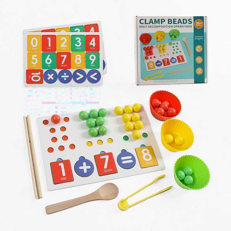 Логічна гра F 43636 (40) дерев`яні кульки, сортер за кольорами, назви цифр англ. мовою, цифри, щипці, ложка, в коробці