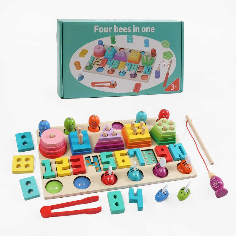 Дошка логічна C 74579 (30) дерев’яна, геометричний сортер, сортер за кольорами, магнітна риболовля, цифри, напия, цифри, написи англ. мовою, в коробці