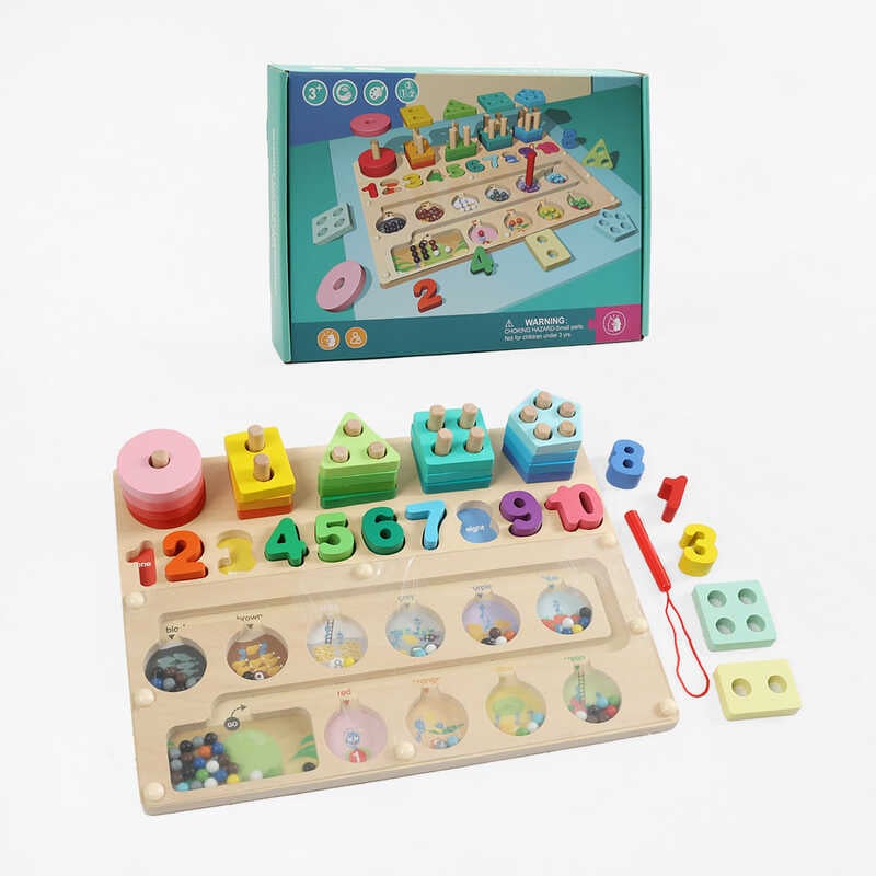 Дерев’яна логічна дошка C 74580 (24) 30х22.5х5 см, сортер, кілочки, магнітний стилус, геометричні фігури, цифри та магнітні кульки, в коробці