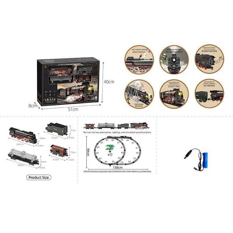 Залізниця 611 B (12) 4 вагони довжиною 72 см, дорога 99х138 см, підсвічування, парогенерація, звук-беззвучний режим, рух вперед-назад, акумулятор 3.7V, в коробці