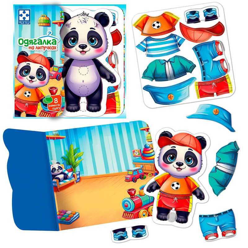гр Гра розвиваюча з липучками "Панда" VT1320-06 (20) "Vladi Toys", фігурка тваринки, 8 предметів одягу, ігровий фон