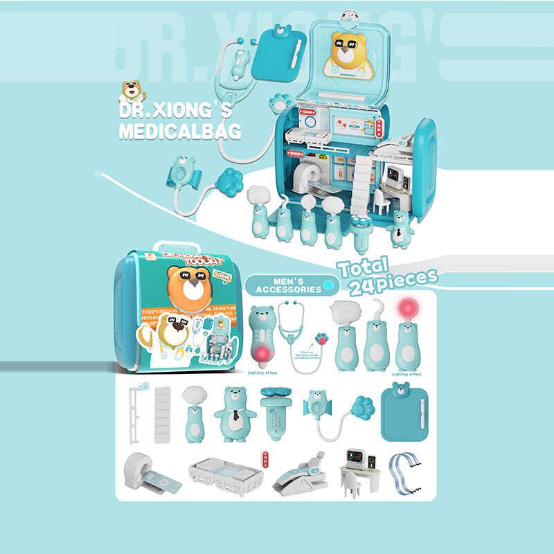 Набір лікаря 527 D-2 (24/2) стетоскоп, дзеркало, молоточок, шприц, термометр, апарат УЗД, гумовий ведмедик, аксесуари, підсвічування, звук, у валізі