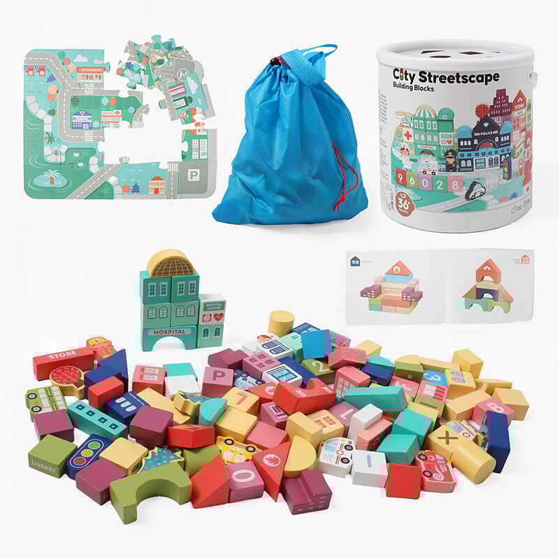 Конструктор дерев’яний C 74158 (12) пазли, фігурки людей, транспорту, літери англійського алфавіту, цифри, назви установ англійською, мішечок, у відрі