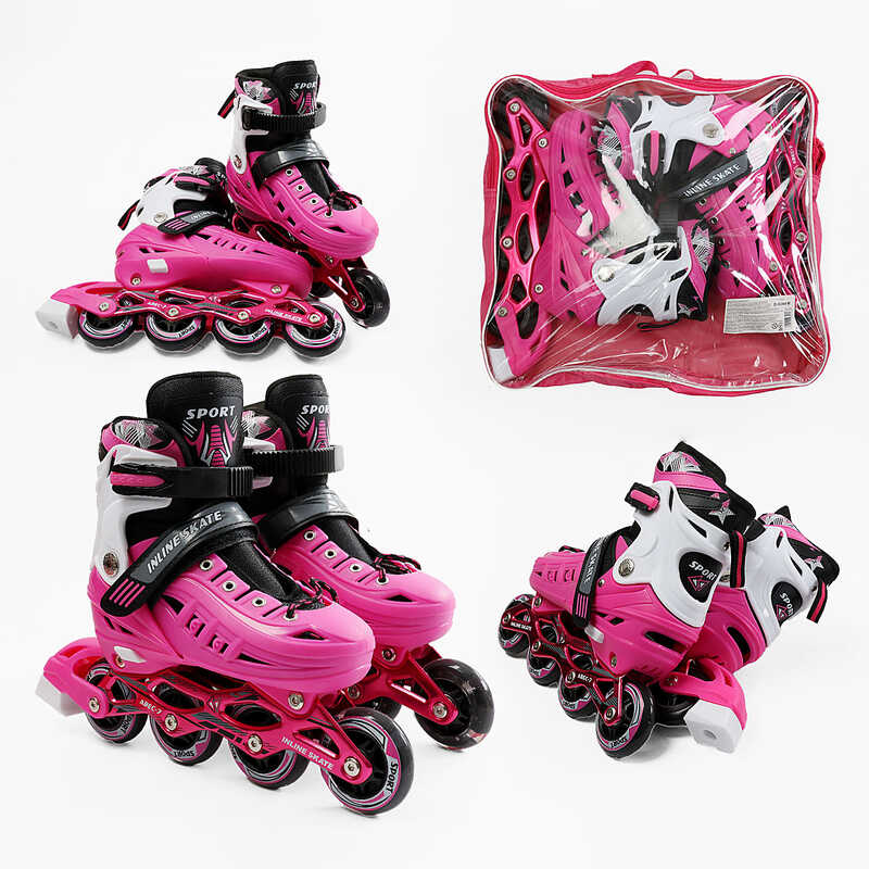 Ролики 8071-223 M /розмір 34-38/ колір – Рожевий (6) колеса PU, ПЕРЕДНЄ КОЛЕСО СВІТЛО, d – 6.5 см, в сумці