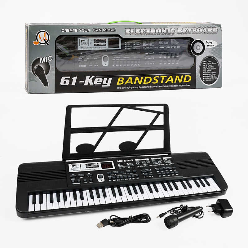 Синтезатор MQ 6100 Штрихкод=97053 (36) 61 клавіша, мікрофон, регулювання гучності, дисплей, мелодії, працює від мережі та батарейок, в коробці