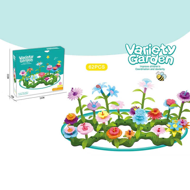 Конструктор B 6969-2 (48/2) “Квітковий сад”, 62 елементи, звивиста зелена основа, квіти, листочки зі стеблами, в коробці