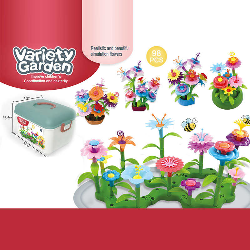 Конструктор B 6969-7 (36/2) “Квітковий сад”, 98 елементів, 4 вазончики, звивиста зелена основа, квіти, листочки зі стеблами, в боксі 