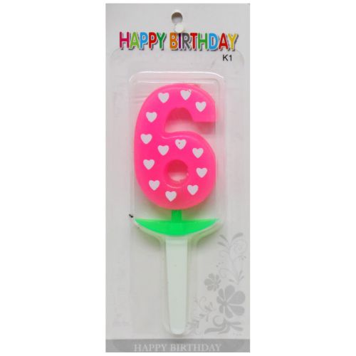 Свічка-цифра (неон ) з сердечком "6", 5 см