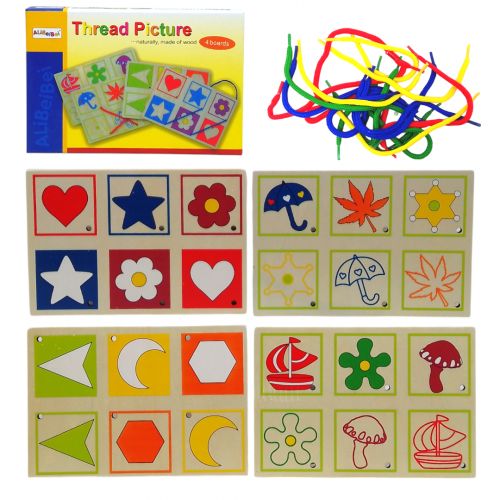 Шнурівка деревʼяна, 4 дощечки, кольорові шнурки