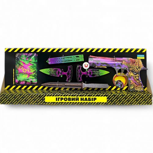 Ігровий набір "BIG BOX Orochi", деревʼяний - резинкостріл, ножі, рукавички, брелок