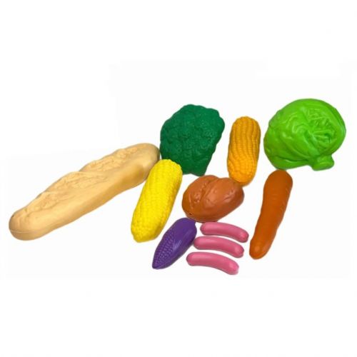 Дитячий набір продуктів: капуста, броколі, кукурудза, багет, морква, булочка, 3 сосиски