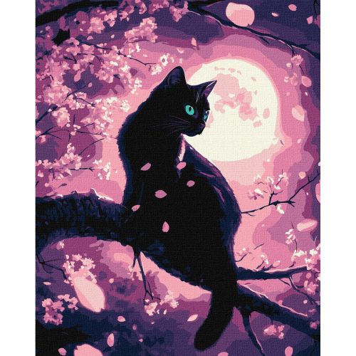 Картина за номерами "Чарівний кіт серед сакури" з фарбами металік, 40х50 см