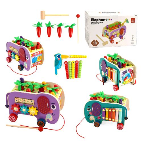 Каталка логічна, дерев’яна (ксилофон, шестерні, пальчикові гра, годинник, стукавка, в коробці)