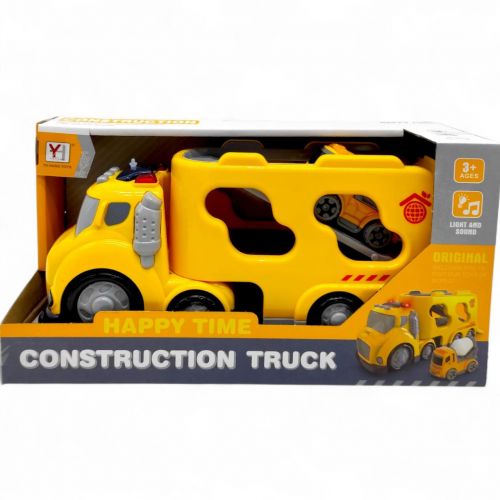 Вантажівка автовоз пожежна з машинкою, технікою, світло, звук (ЖОВТА)