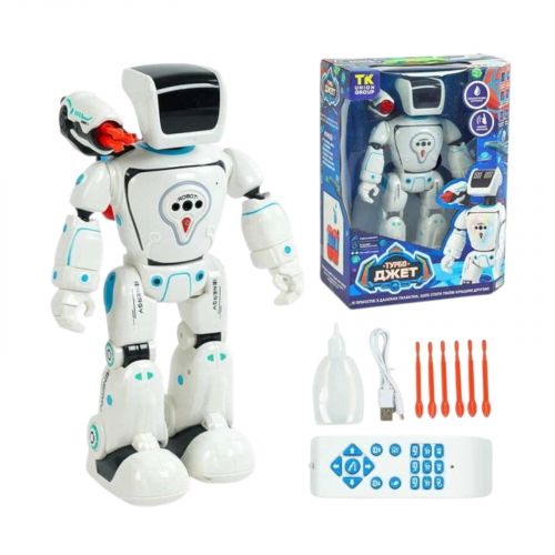 Робот на радіокеруванні, ОЗВУЧУВАННЯ УКРАЇНСЬКОЮ МОВОЮ, лед-підсвіч., сенсорні датчики, рух, стріляє стрілами, в коробці