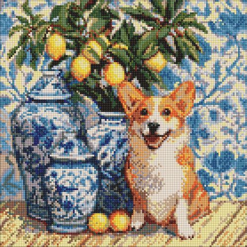 Алмазна мозаїка "Коргі та лимони" 40х40 см