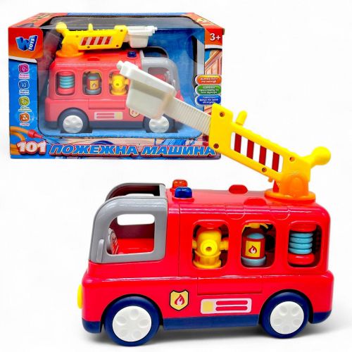 Музична машинка "Пожежна машина" (пісні, цікаві факти, віршики, підсвічування, сирена, 2 режими гучності, тріскачки, телескопічна драбина обертається на 360°, фігурка пожежника)