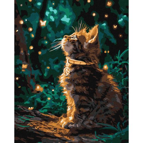 Картина по номерах з фарбами металік "Кошеня та світлячки" 40х50см