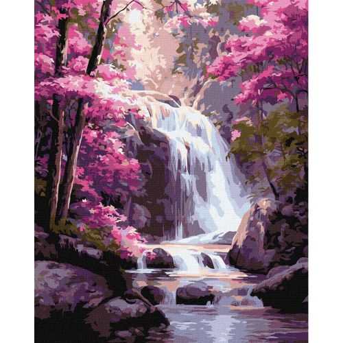 Картина по номерах "Водоспад у рожевому лісі" 40х50см