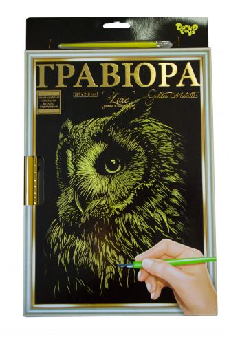 Гравюра "LUXE А4" з рамкою "Golden Metallic: Сова"